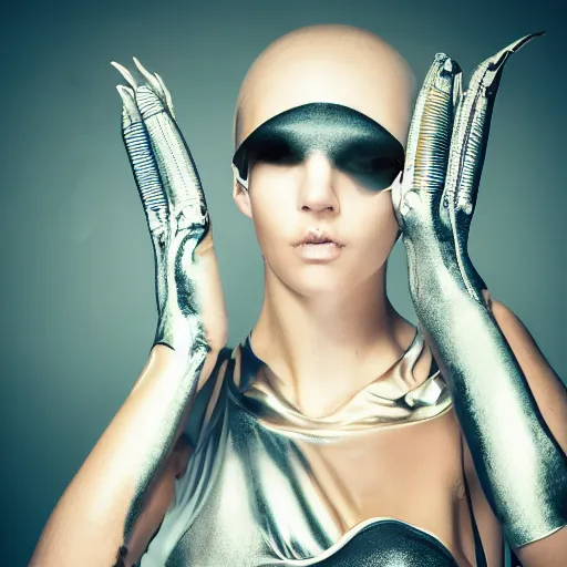 Prompt: female fashion model wearing alien clothing, professional photography, studio lighting