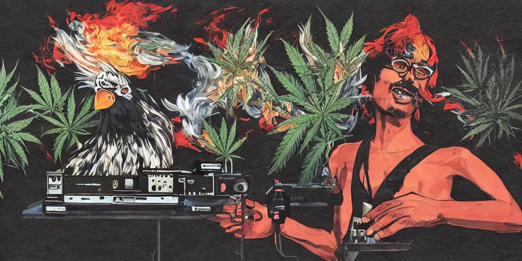 Image similar to 'black rooster'!!! smoking 'cannabis'!!!!!! in front of 'audio console'!!!! and 'pc masterrace RGB custom build'!!!!! 'multi monitors and projectors'!!!! 'in a hi-tech tv broadcasting studio with red camera rig'!!!!, artwork by James Gilleard