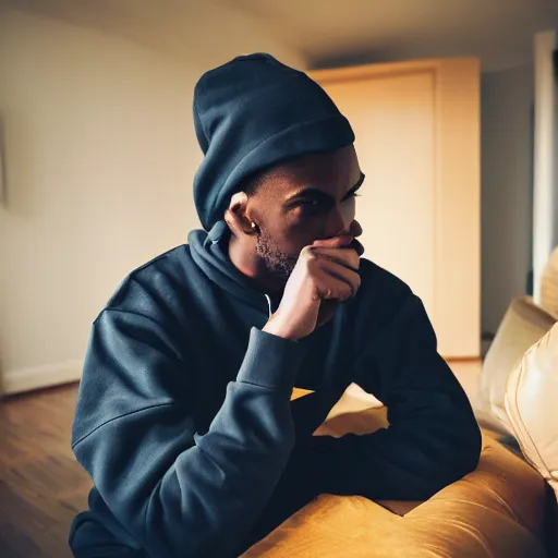 Image similar to cool black guy, wearing a golden kappa hooded sweatshirt, photo inside apartment, digital camera