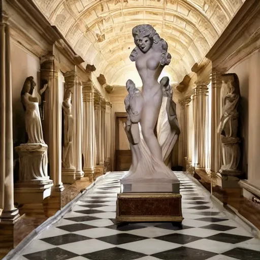 Prompt: a marble sculpture of Dolly Parton in a museum hall, surrounded by ancient Greek statues, soft sunlight dappling on the hallway, classical architecture, HD award-winning photo