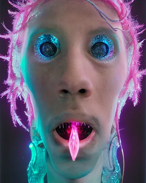 Prompt: natural light, soft focus portrait of a cyberpunk anthropomorphic angler fish with soft synthetic pink skin, blue bioluminescent plastics, smooth shiny metal, elaborate ornate head piece, piercings, skin textures, by annie leibovitz, paul lehr