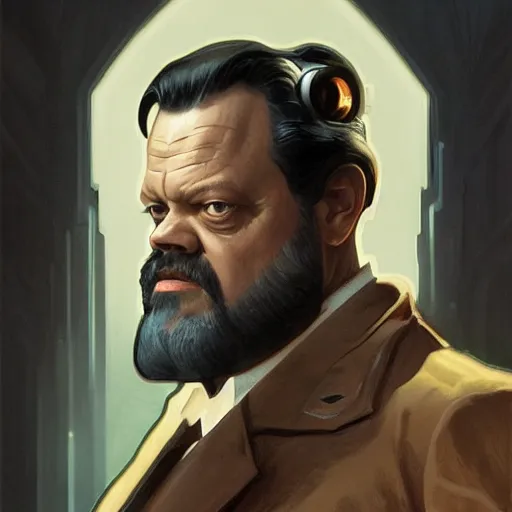 Prompt: orson welles as a cyborg, portrait, western, steampunk, duster, fantasy, intricate, elegant, highly detailed, digital painting, artstation, concept art, sharp focus, illustration, art by artgerm and greg rutkowski and alphonse mucha