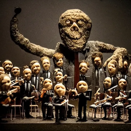 Image similar to the last orchestra, extremely detailed claymation art, extremely realistic, dark, moody, foggy