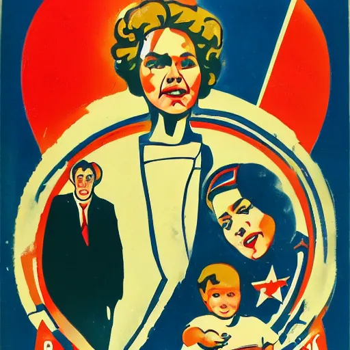 Prompt: man, woman, child, soviet propaganda style