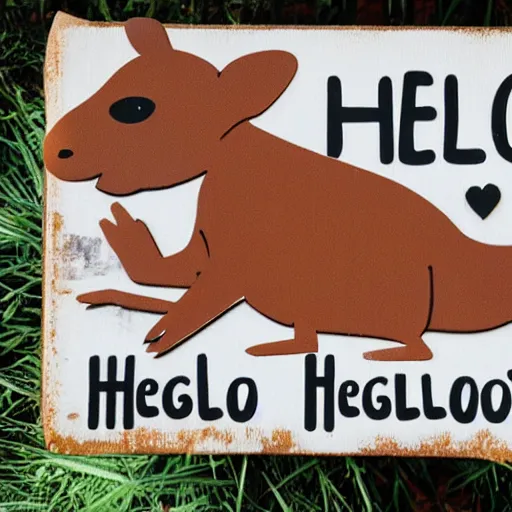 Prompt: <photograph signText(hello) caption(Kangaroo with a sign that says hello)/>