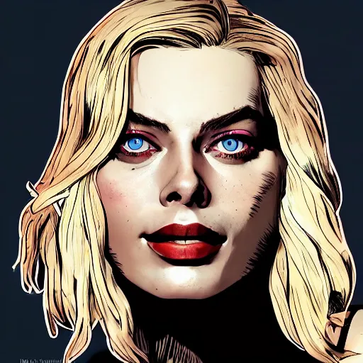 Image similar to margot robbie portrait, borderlands, tales from the borderlands, the wolf among us, comic, cinematic lighting, studio quality, 8 k