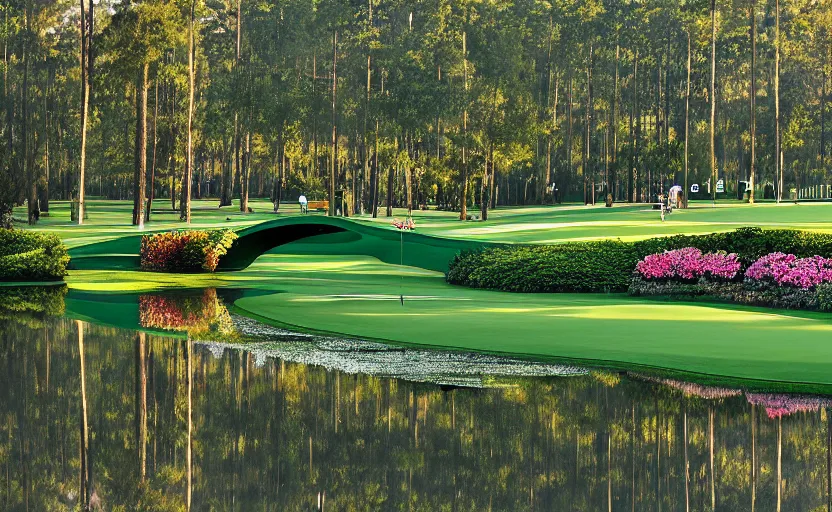 Prompt: augusta national, the masters, many beautiful flowers and magnlia trees, completely flooded with brown water, beautiful ambient light, fog,