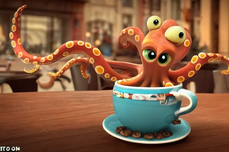 Image similar to Funny little octopus crawling out from a cup of coffee in beautiful morning café in Paris. Pixar Disney 4K 3d render funny animation movie Oscar winning trending on ArtStation and Behance. Ratatouille style.