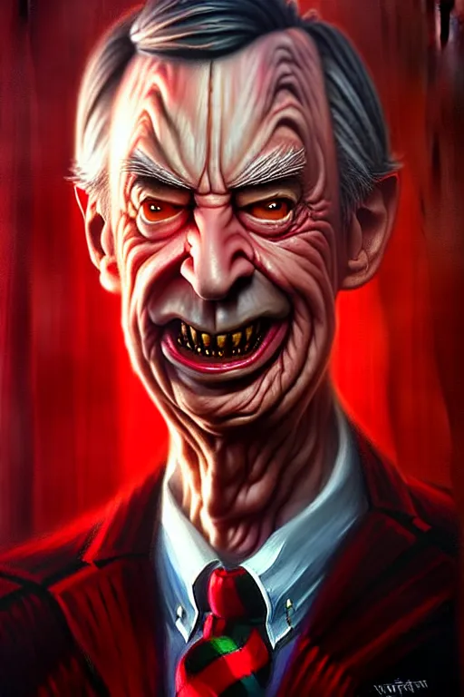 Image similar to hyper realistic portrait painting of evil mr. rogers as freddy krueger, painted by greg rutkowski, wlop, artgerm akoto shinkai trending on artstation