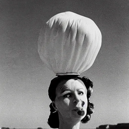 Image similar to middle aged woman with an inflatable head on top of her head, wearing a dress, at the seaside, 1976 French film, archival footage, technicolor film expired film live-action, 16mm