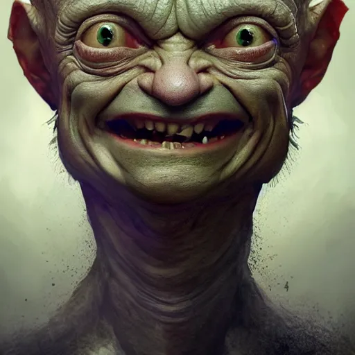 Image similar to donald trump as gollum with hair, smiling, portrait, intricate, detailed, volumetric lighting, scenery, digital painting, highly detailed, artstation, sharp focus, illustration, concept art, ruan jia, steve mccurry