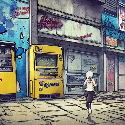 Image similar to incredible wide screenshot, ultrawide, simple watercolor, rough paper texture, ghost in the shell movie scene, backlit distant shot of girl in a parka running from a giant robot invasion side view, yellow parasol in deserted dusty shinjuku junk town, broken vending machines, bold graphic graffiti, old pawn shop, bright sun bleached ground, mud, fog, dust, windy, scary robot monster lurks in the background, ghost mask, teeth, animatronic, black smoke, pale beige sky, junk tv, texture, brown mud, dust, tangled overhead wires, telephone pole, dusty, dry, pencil marks, genius party,shinjuku, koji morimoto, katsuya terada, masamune shirow, tatsuyuki tanaka hd, 4k, remaster, dynamic camera angle, deep 3 point perspective, fish eye, dynamic scene