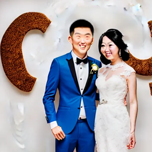 Image similar to cookie monster marrying justin sun, professional wedding photography