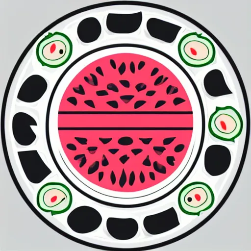 Image similar to svg sticker, centered, round-cropped, white-space-surrounding, Watermelon listening to headphones, flat colors, vector art