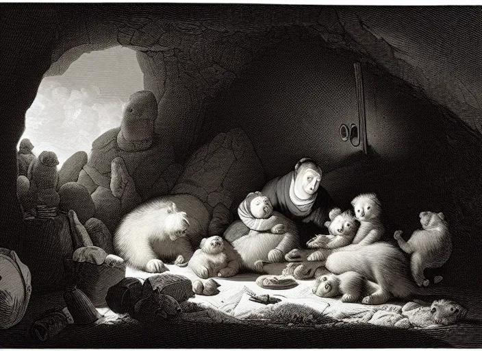 Image similar to Pieter Claesz's 'bear and her cubs sleeping in a dark cave lit by campfire', night time, cross hatching, framed