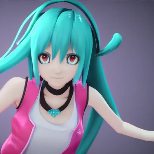 Image similar to hatsune miku v 4 3 d high detailed model, mmd, blender, unreal engine 5