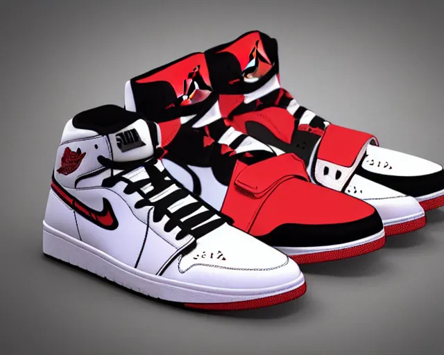 Prompt: 3D render of mid height air jordan sneakers with joker design, cinematic, studio lighting, award winning