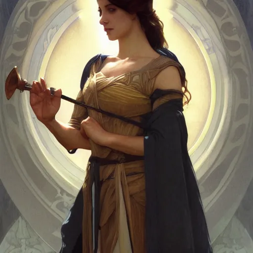 Prompt: portrait of the lady of the lake holding excalibur, elegant, art nouveau, tarot card, highly detailed, digital painting, artstation, concept art, smooth, sharp focus, illustration, art by artgerm and greg rutkowski and alphonse mucha and william - adolphe bouguereau