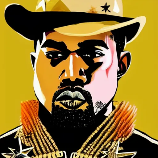 Image similar to kanye west in stephen bliss illustration red dead redemption 2 artwork of kanye west, in the style of red dead redemption 2 loading screen, by stephen bliss