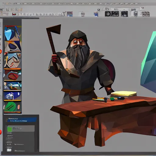 Prompt: low poly, A dwarf peeking over his desk surprised like Killroy, the desk is covered in scattered letters, deep rock galactic screenshot, low poly, digital art.