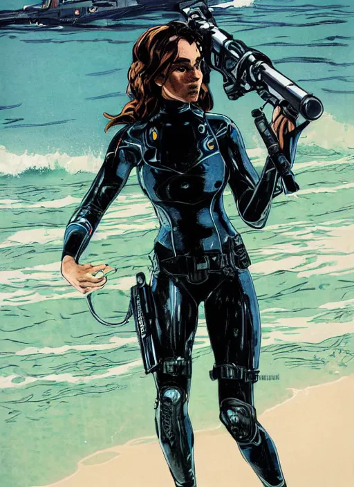 Image similar to Selina. Beautiful USN blackops operator emerging from water at the shoreline. Operator wearing Futuristic wetsuit and looking at an abandoned shipyard. Frogtrooper. rb6s, MGS, and splinter cell Concept art by James Gurney, Alphonso Mucha. Vivid color scheme.