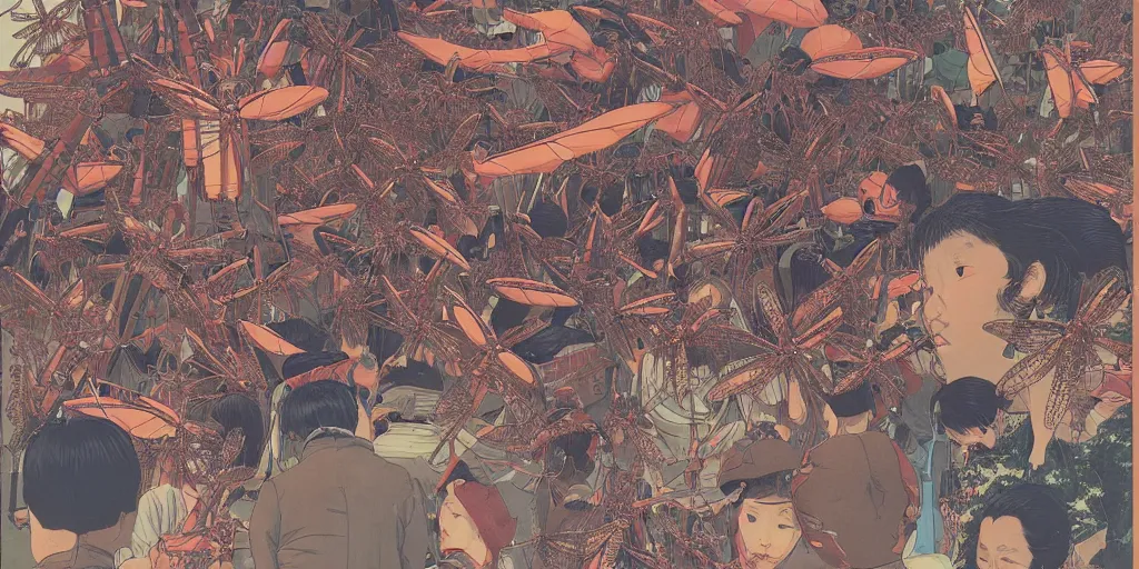 Image similar to gigantic dragonflies with human faces catch tiny robots, a lot of exotic mechas robots around, human heads everywhere, risograph by kawase hasui, satoshi kon and moebius, 2 d gouache illustration, omnious, intricate, a lot of tiny details, fullshot