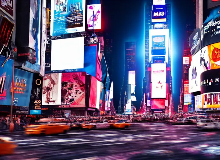 Image similar to film still of the moon shattering into pieces over time square in the new sci - fi movie, 8 k, night time