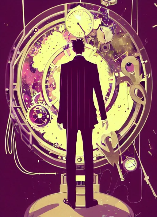 Image similar to arrogant elegant man travels through time via steampunk portals, pixiv fanbox, dramatic lighting, maximalist pastel color palette, splatter paint, pixar and disney exploded - view drawing, graphic novel by fiona staples and dustin nguyen, peter elson, alan bean, wangechi mutu, clean cel shaded vector art, trending on artstation