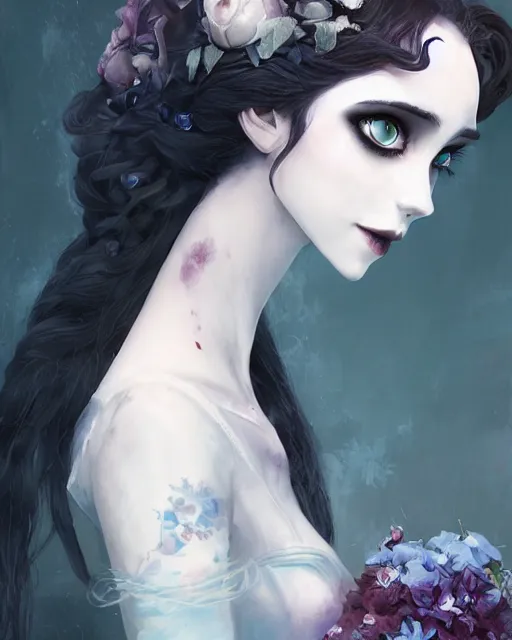 Image similar to elegant mysterious solemn zombie victoria everglot from the corpse bride, portrait, illustration, rim light, top light, summer clear blue sky, perfectly shaded, soft painting, art by krenz cushart and wenjun lin