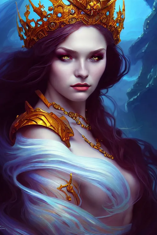 Prompt: photography alexey kurylev, sea queen, mysterious, deep focus, d & d, fantasy, complex, elegant, highly detailed, digital painting, artstation, concept art, matte, clear focus, illustration, hearthstone, artgerm art, greg rutkovsky and alphonse mucha