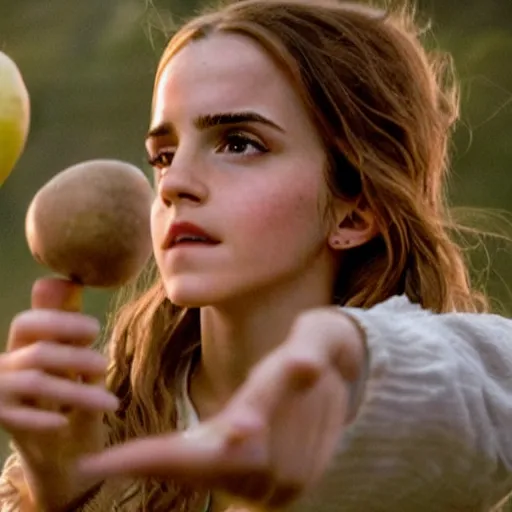 Prompt: Still of Emma Watson as Hermione Granger juggling three apples. Prisoner of Azkaban. During golden hour. Extremely detailed. Beautiful. 4K. Award winning.