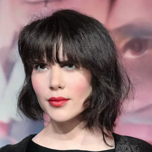 Prompt: a beautiful medium - shot of scarlett johnasson as motoko kusanagi looking into the distance, beautiful light failling on her face, chin - length bob with bangs hairstyle, by annie leibowitz