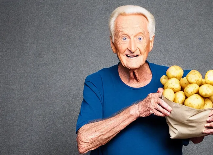 Image similar to studio portrait photo still of bob barker!!!!!!!! at age 7 3 years old 7 3 years of age!!!!!!! wearing a tank top holding a bag of potatos, 8 k, 8 5 mm f 1. 8, studio lighting, rim light, right side key light