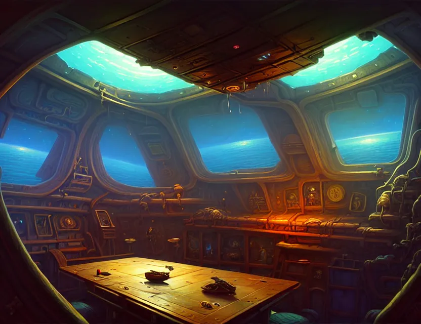 Prompt: interior view in the captain's cabin of a flying ship, d & d spelljammer fantasy art, artstation contest winner, beautiful digital painting in the style of dan mumford, art by kev chan, volumetric lighting, concept art, speedpainting, fantasypunk, deep colors, cgsociety, by gerald brom, by ruan jia, dehazed