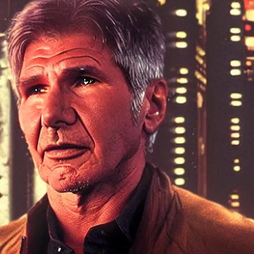 Prompt: harrison ford as deckard from bladerunner doing standup comedy in a cyberpunk bar