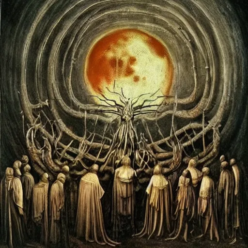 Prompt: Members of a cult gather and summon a Blood Moon, surreal, dark, detailed, intricate, unique made by Leonardo Da Vinci and H R Giger