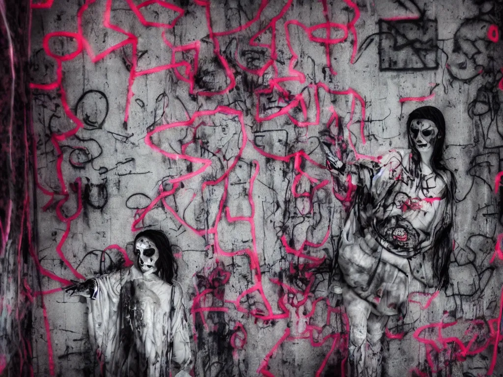 Image similar to ghost wraith apparition caught on camera, graffiti in an abandoned bunker, cute fumo plush gothic black enigmatic maiden girl painted in spilt red ink and washed watercolor, glowing ancient glyphs and summoning circle, neon light, avant garde pop art, filmic, vignette, captured on canon eos r 6