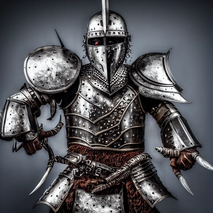 Image similar to photo of a warrior with metal walrus themed armour, highly detailed, 4 k, hdr, smooth, sharp focus, high resolution, award - winning photo