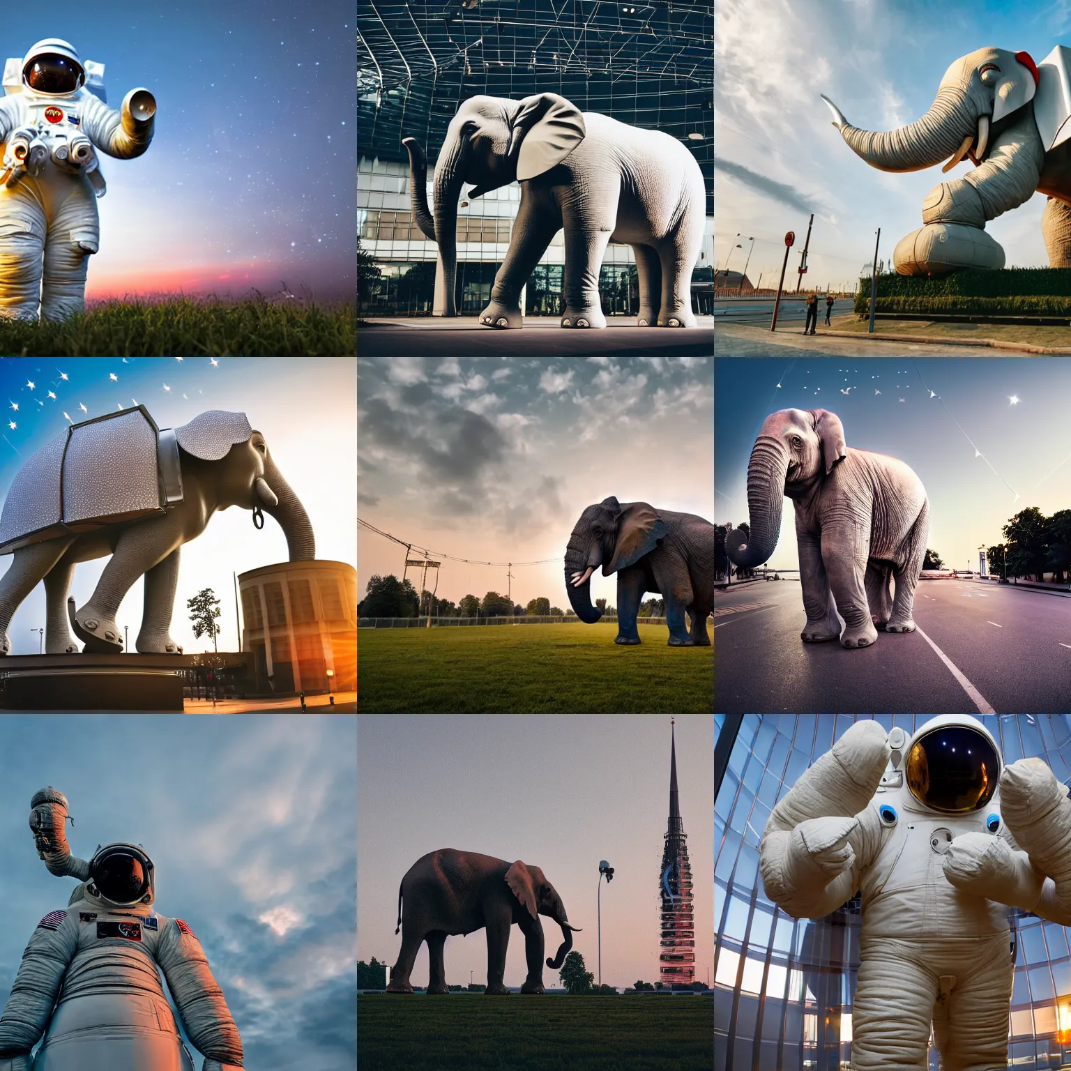 Prompt: giant elephant wearing white american spacesuit with oversized giant helmet as astronaut animal, in legnica, sunrise, overcast bokeh, cctv - c 1 5