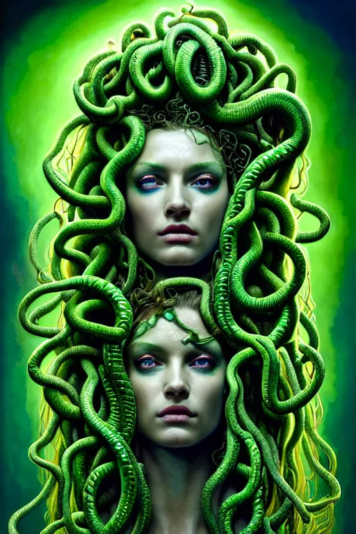 Image similar to hyperrealistic mixed media painting of Medusa, green scaley serpents in her hair, full body, stunning 3d render inspired art by P. Craig Russell and Barry Windsor-Smith + perfect facial symmetry + dim volumetric lighting, 8k octane beautifully detailed render, post-processing, extremely hyperdetailed, intricate, epic composition, grim yet sparkling atmosphere, cinematic lighting + masterpiece, trending on artstation, very very detailed, masterpiece, stunning