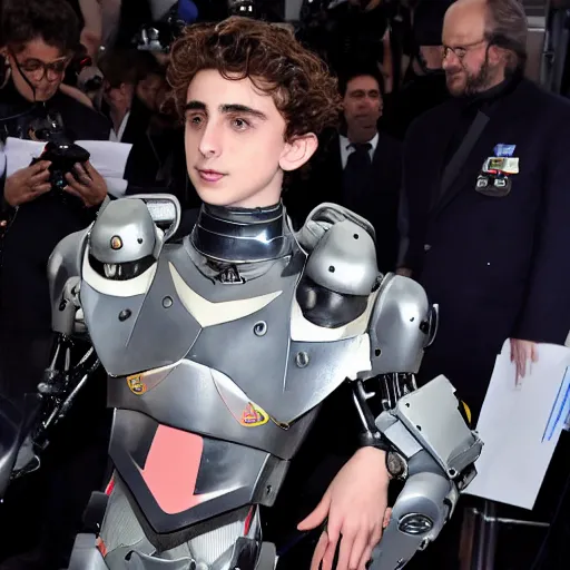 Prompt: timothee chalamet wearing a mech suit