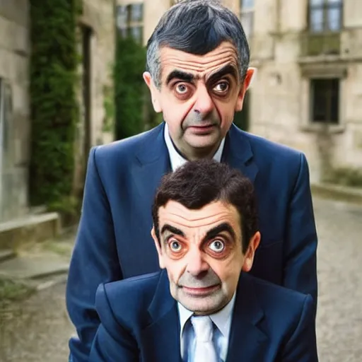 Image similar to A portrait mr bean teams up with a teenage rowan atkinson, perfect faces, 50 mm, award winning photography