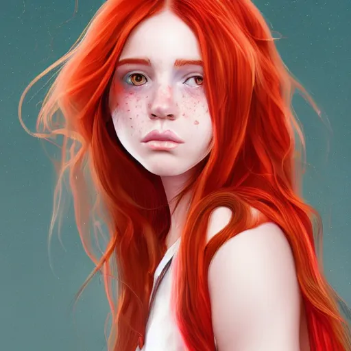 Image similar to portrait of a teen girl with freckles with long red hair and bright brown eyes, 8 k, highly detailed, digital painting, artstation, sharp focus, illustration