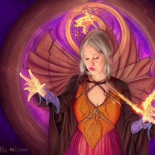 Prompt: female mage is casting a magic spell, fantasy, D&D, HDR, digital art , award winning photograph, 8k, Mucha style,