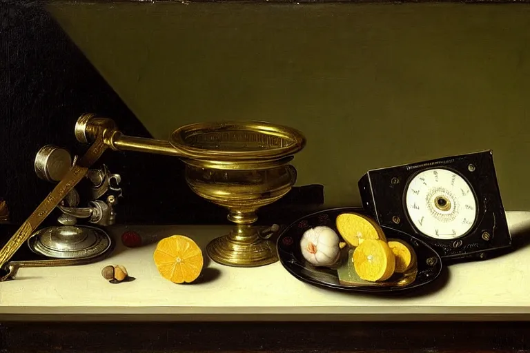 Image similar to a vanitas painting depicting an NVIDIA RTX A100 GPU, graphics card by pieter claesz and clara peeters