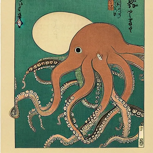 Image similar to an octopus using a laptop to hack into a server, ukiyo-e by Utagawa Kuniyoshi