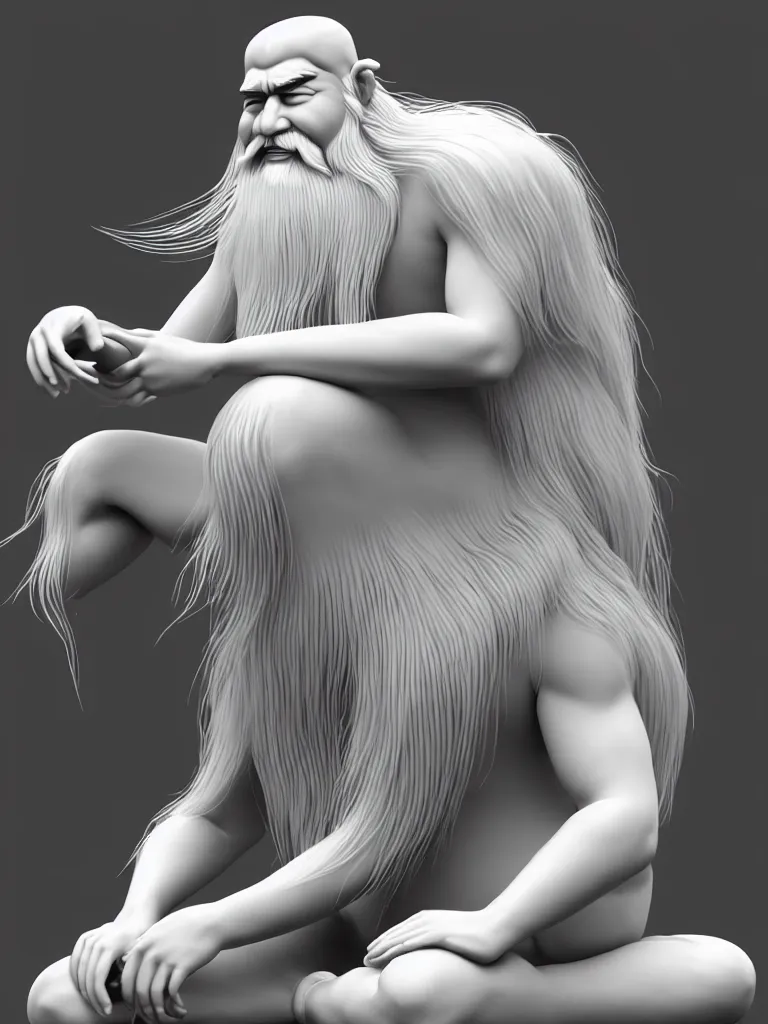 Image similar to the whole body of fuxi in chinese mythology, long white hair, long white beard, kind and solemn, sit on the ground, 3 d render, hyper detailed, 4 k hd