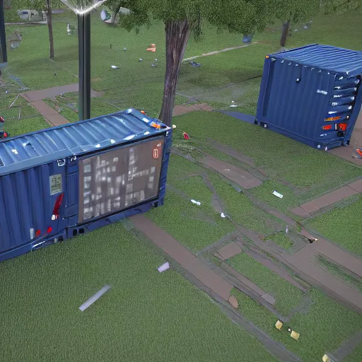 Prompt: a scifi container with power cables coming out of it, in the middle of a large park with paths and families around it, in style of Isaac Zuren, 4k