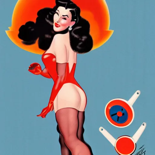 Image similar to a retro sci - fi pinup illustration of dita von teese in the style of alberto vargas and in the style of gil elvgren.