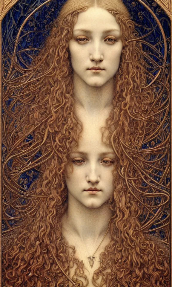 Image similar to detailed realistic beautiful young medieval queen face portrait by jean delville, gustave dore and marco mazzoni, art nouveau, symbolist, visionary, gothic, pre - raphaelite. horizontal symmetry